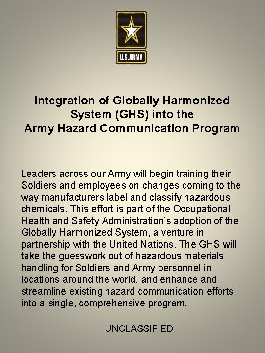 Integration of Globally Harmonized System (GHS) into the Army Hazard Communication Program Leaders across