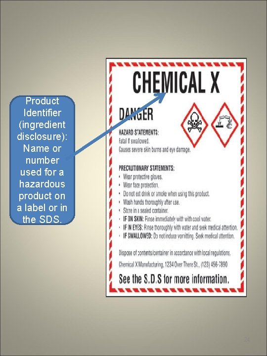 Product Identifier (ingredient disclosure): Name or number used for a hazardous product on a