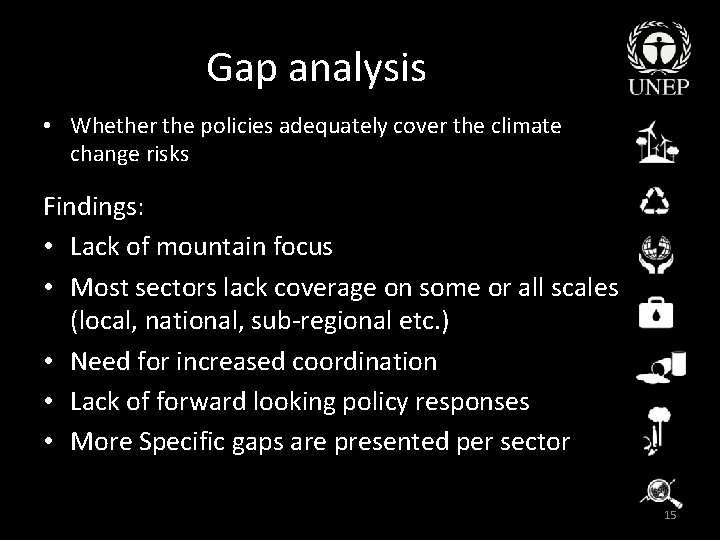 Gap analysis • Whether the policies adequately cover the climate change risks Findings: •