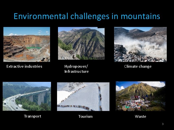 Environmental challenges in mountains Extractive industries Transport Hydropower/ Infrastructure Tourism Climate change Waste 3