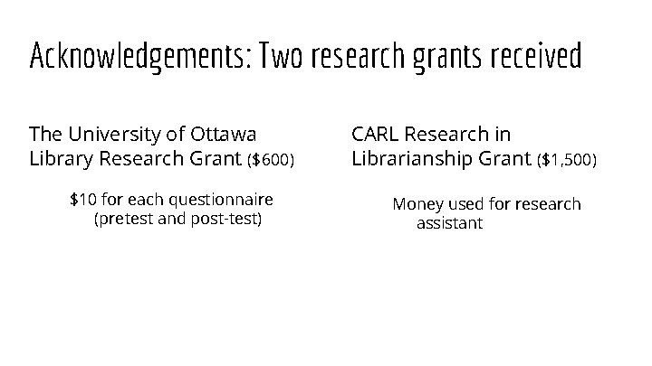 Acknowledgements: Two research grants received The University of Ottawa Library Research Grant ($600) $10