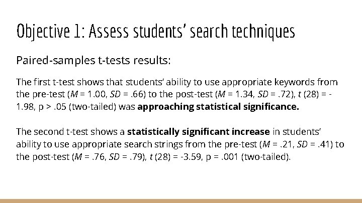 Objective 1: Assess students’ search techniques Paired-samples t-tests results: The first t-test shows that