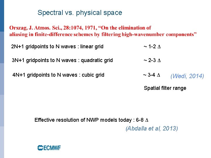 Spectral vs. physical space 2 N+1 gridpoints to N waves : linear grid ~