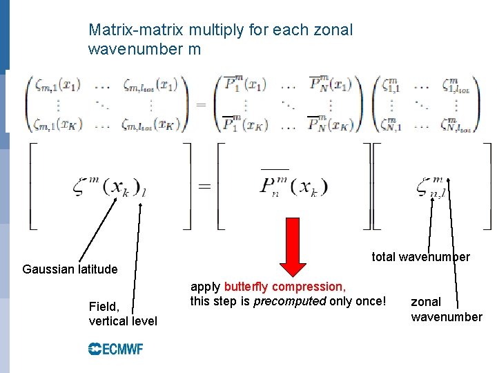 Matrix-matrix multiply for each zonal wavenumber m Gaussian latitude Field, vertical level total wavenumber