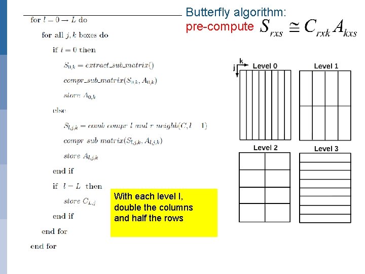 Butterfly algorithm: pre-compute With each level l, double the columns and half the rows
