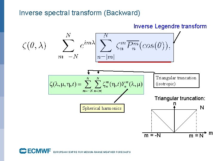 Inverse spectral transform (Backward) Inverse Legendre transform Triangular truncation (isotropic) Spherical harmonics Triangular truncation: