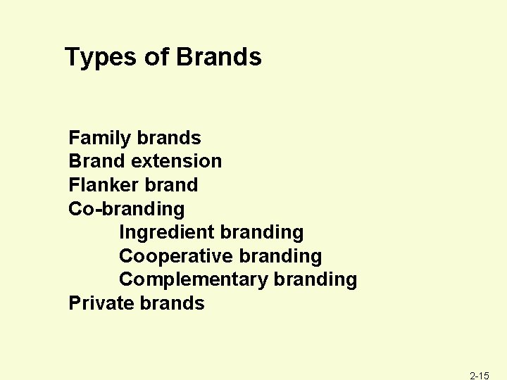 Types of Brands Family brands Brand extension Flanker brand Co-branding Ingredient branding Cooperative branding