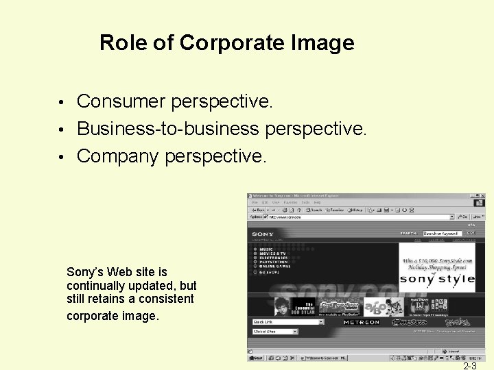 Role of Corporate Image Consumer perspective. • Business-to-business perspective. • Company perspective. • Sony’s