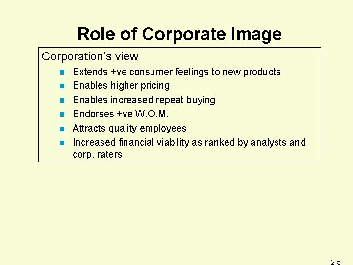 Role of Corporate Image Corporation’s view n n n Extends +ve consumer feelings to