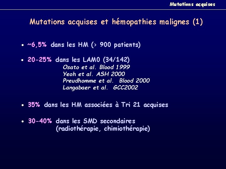 Mutations acquises et hémopathies malignes (1) ~6, 5% dans les HM (> 900 patients)