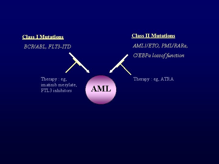 Class I Mutations Class II Mutations BCR/ABL, FLT 3 -ITD AML 1/ETO, PML/RARa, C/EBPa