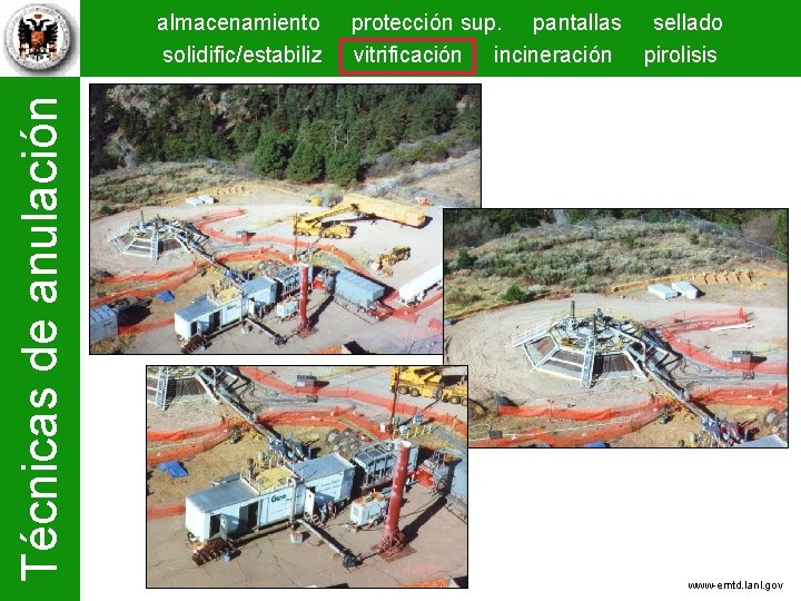 Técnicas de anulación almacenamiento solidific/estabiliz protección sup. pantallas sellado vitrificación incineración pirolisis www-emtd. lanl.