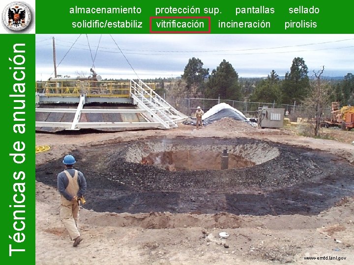 Técnicas de anulación almacenamiento solidific/estabiliz protección sup. pantallas sellado vitrificación incineración pirolisis www-emtd. lanl.