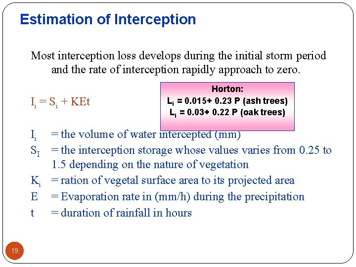 Estimation of Interception Most interception loss develops during the initial storm period and the