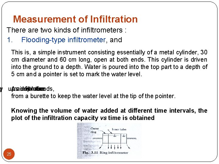 Measurement of Infiltration There are two kinds of infiltrometers : 1. Flooding type infiltrometer,