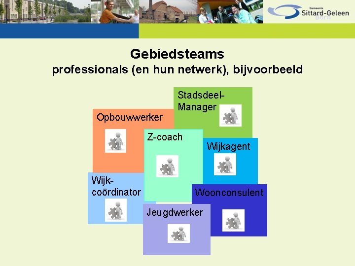 Gebiedsteams professionals (en hun netwerk), bijvoorbeeld Opbouwwerker Stadsdeel. Manager Z-coach Wijkcoördinator Wijkagent Woonconsulent Jeugdwerker