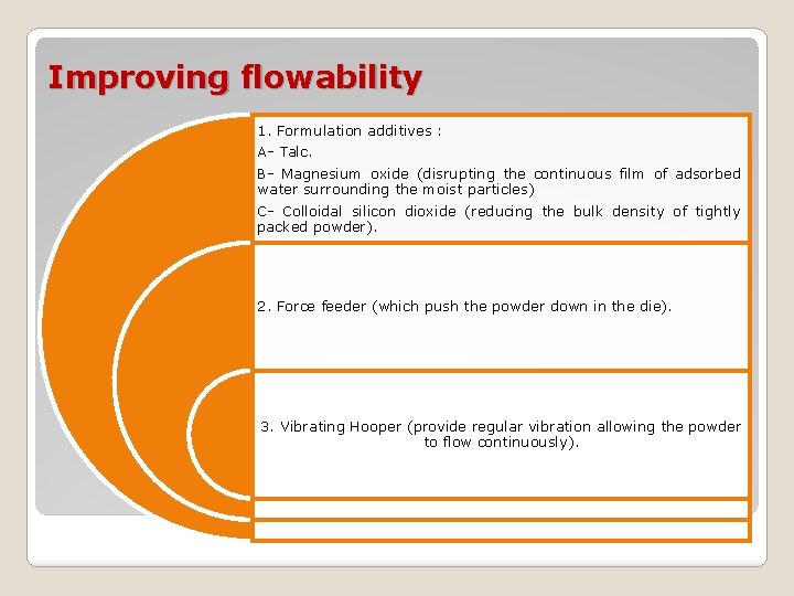 Improving flowability 1. Formulation additives : A- Talc. B- Magnesium oxide (disrupting the continuous