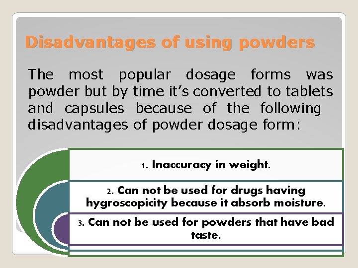 Disadvantages of using powders The most popular dosage forms was powder but by time