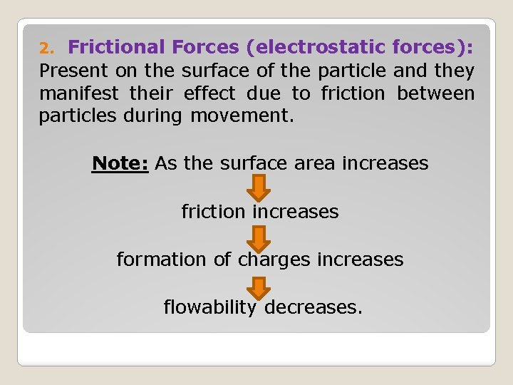 Frictional Forces (electrostatic forces): Present on the surface of the particle and they manifest