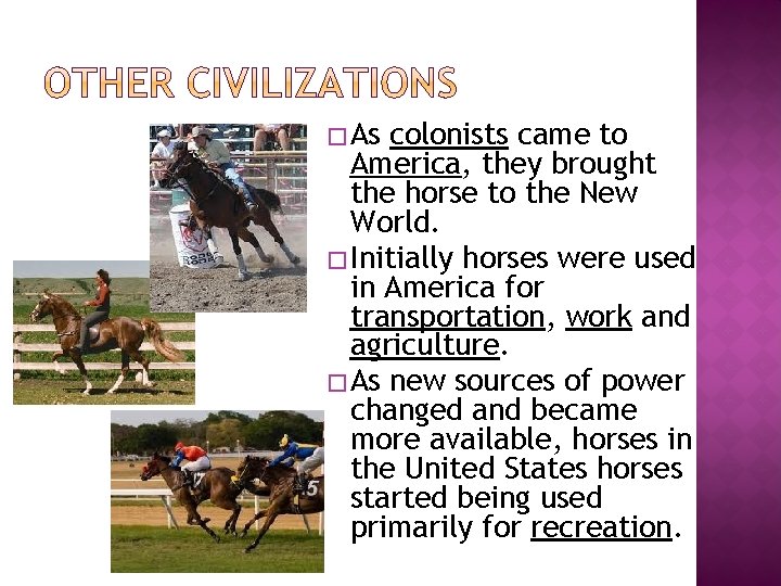 � As colonists came to America, they brought the horse to the New World.
