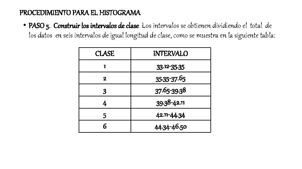 PROCEDIMIENTO PARA EL HISTOGRAMA • PASO 5. Construir los intervalos de clase. Los intervalos