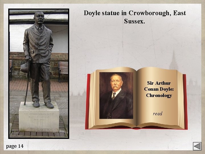 Doyle statue in Crowborough, East Sussex. Sir Arthur Conan Doyle: Chronology read page 14