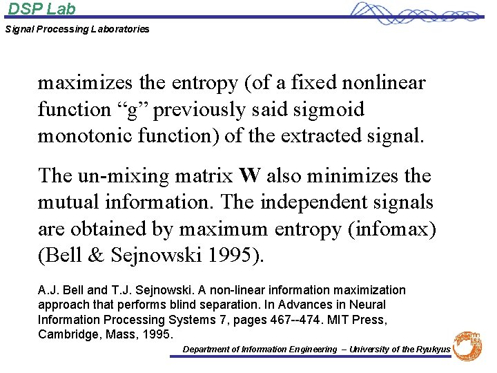 DSP Lab Signal Processing Laboratories maximizes the entropy (of a fixed nonlinear function “g”