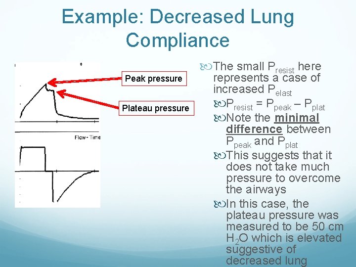 Example: Decreased Lung Compliance Peak pressure Plateau pressure The small Presist here represents a