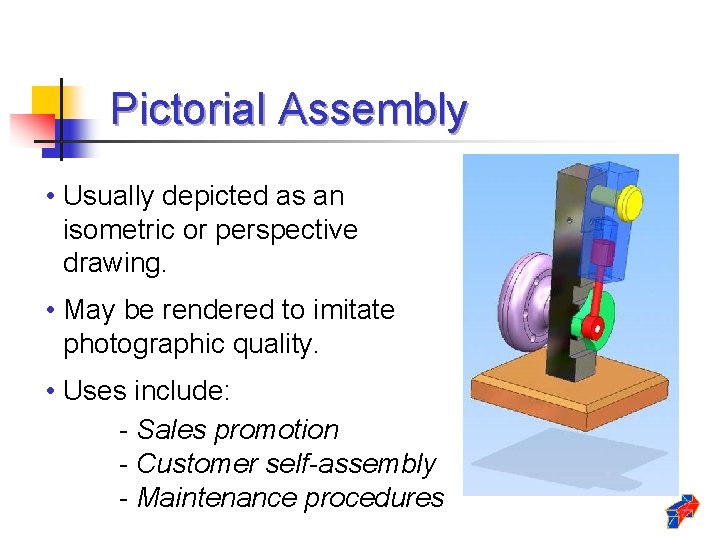 Pictorial Assembly • Usually depicted as an isometric or perspective drawing. • May be