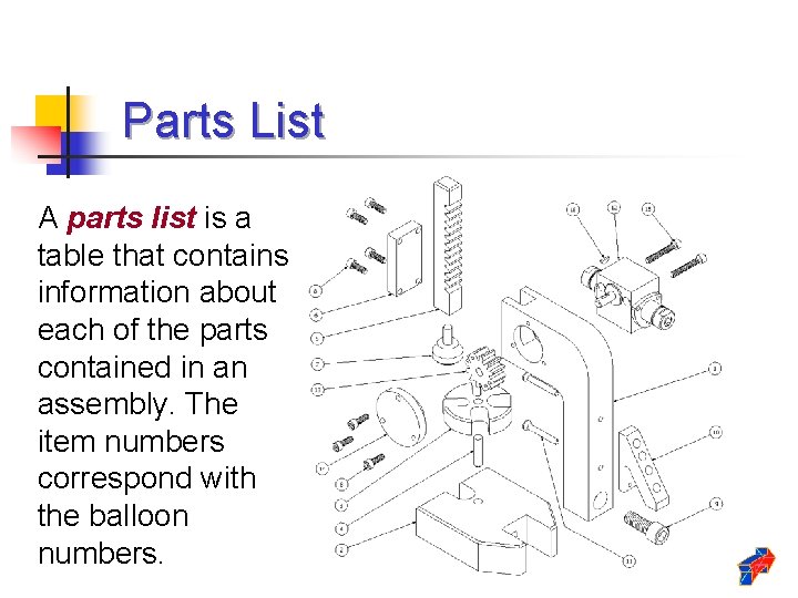 Parts List A parts list is a table that contains information about each of