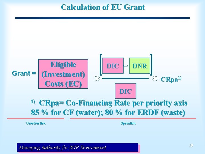Calculation of EU Grant Eligible Grant = (Investment) Costs (EC) DIC DNR CRpa 1)