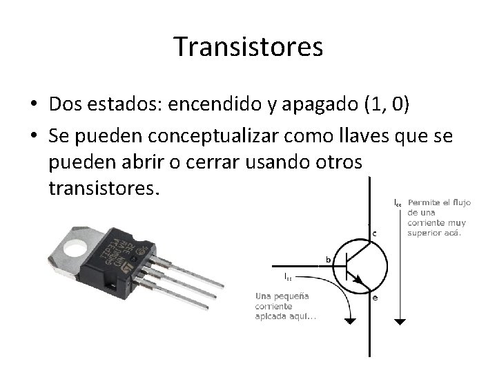 Transistores • Dos estados: encendido y apagado (1, 0) • Se pueden conceptualizar como