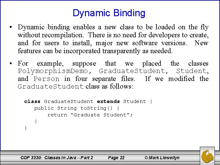 Dynamic Binding • Dynamic binding enables a new class to be loaded on the