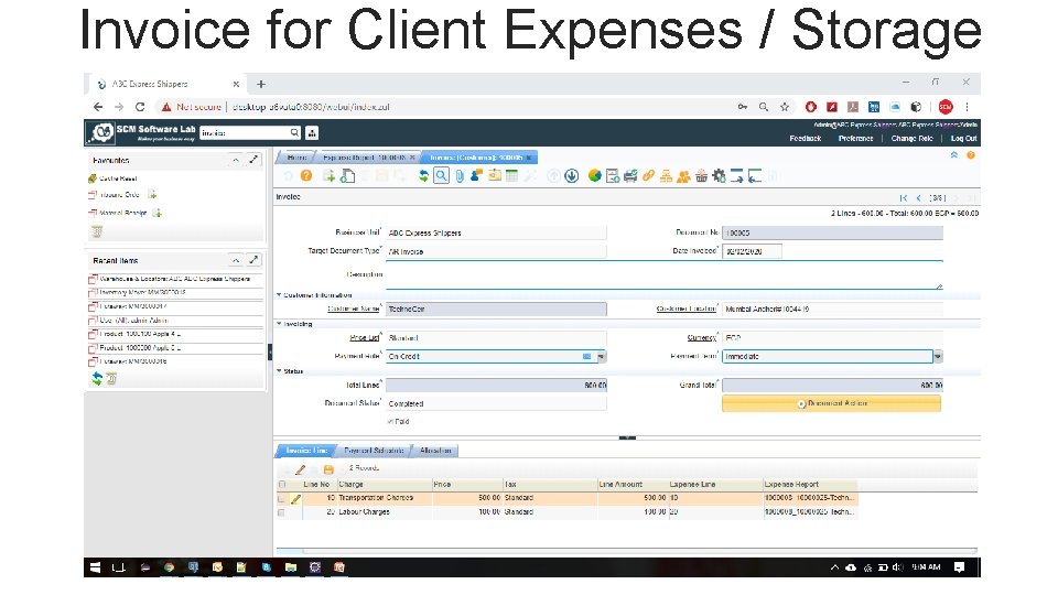 Invoice for Client Expenses / Storage 