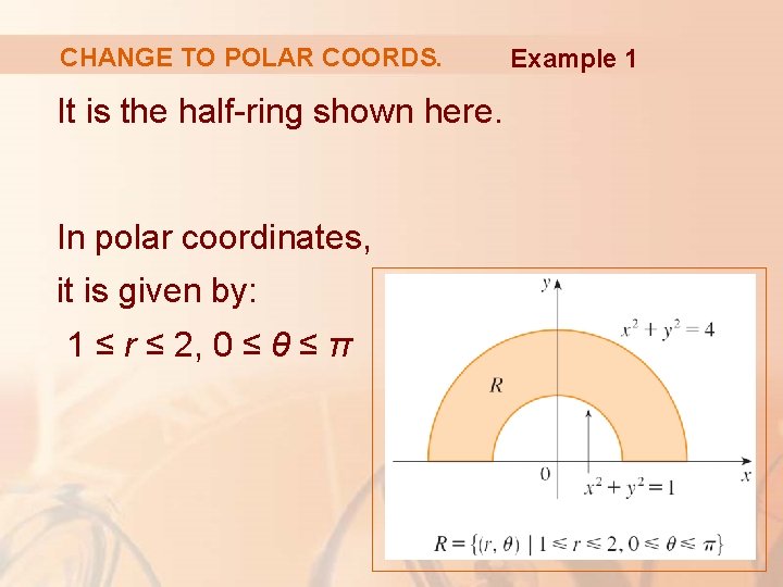 CHANGE TO POLAR COORDS. It is the half-ring shown here. In polar coordinates, it