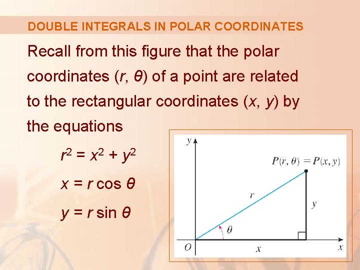 DOUBLE INTEGRALS IN POLAR COORDINATES Recall from this figure that the polar coordinates (r,