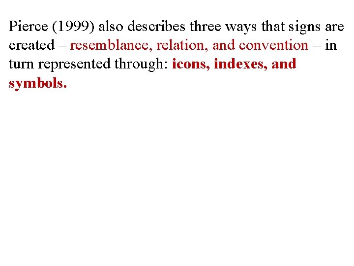 Pierce (1999) also describes three ways that signs are created – resemblance, relation, and