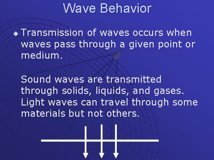 Wave Behavior u Transmission of waves occurs when waves pass through a given point