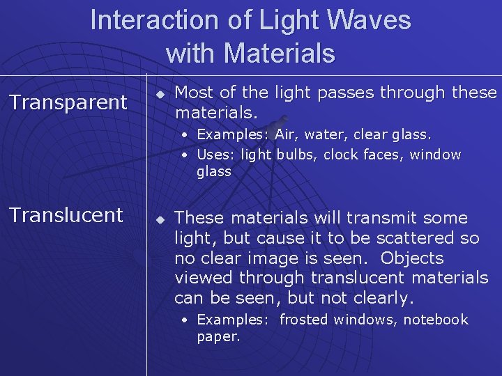 Interaction of Light Waves with Materials Transparent u Most of the light passes through
