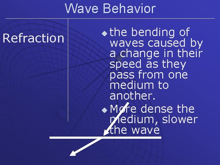 Wave Behavior Refraction the bending of waves caused by a change in their speed
