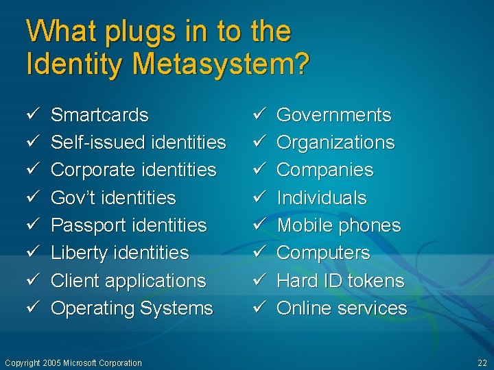 What plugs in to the Identity Metasystem? ü ü ü ü Smartcards Self-issued identities