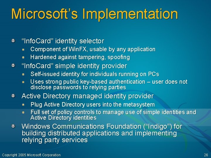 Microsoft’s Implementation “Info. Card” identity selector Component of Win. FX, usable by any application