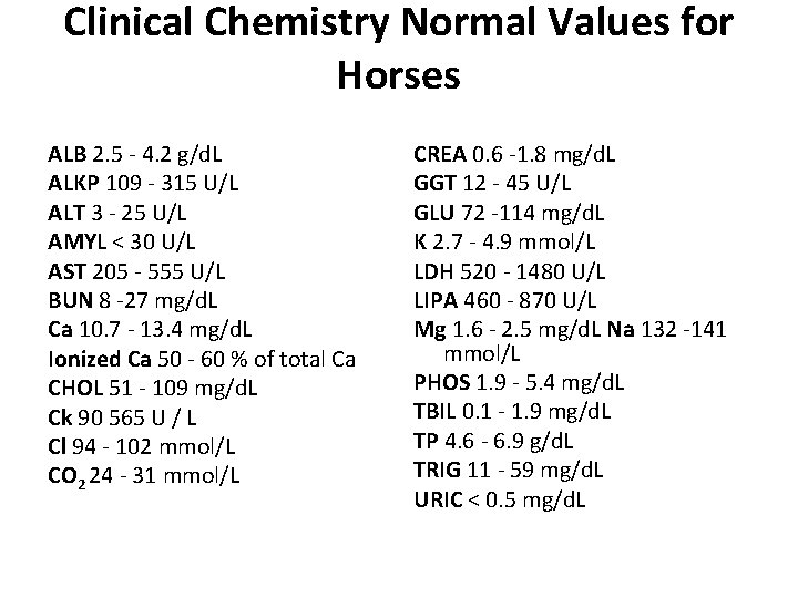 Clinical Chemistry Normal Values for Horses ALB 2. 5 - 4. 2 g/d. L