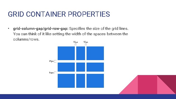 GRID CONTAINER PROPERTIES • grid-column-gap/grid-row-gap: Specifies the size of the grid lines. You can