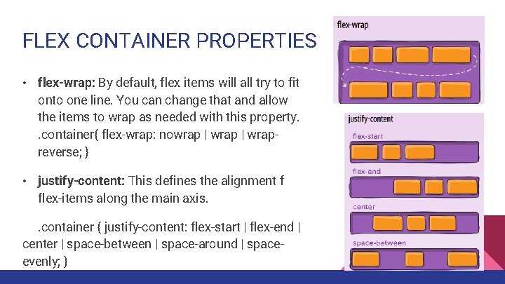 FLEX CONTAINER PROPERTIES • flex-wrap: By default, flex items will all try to fit