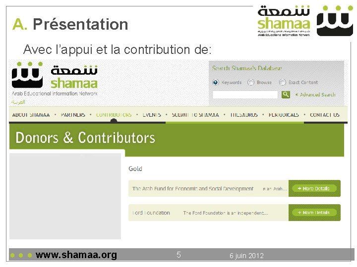 A. Présentation Avec l’appui et la contribution de: La Fondation Ford Arab Fund for