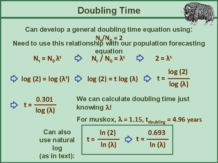 Doubling Time Can develop a general doubling time equation using: Nt/N 0 = 2