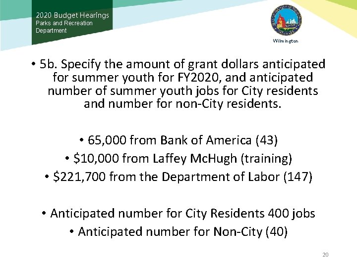 2020 Budget Hearings Parks and Recreation Department Wilmington • 5 b. Specify the amount