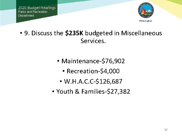 2020 Budget Hearings Parks and Recreation Department Wilmington • 9. Discuss the $235 K