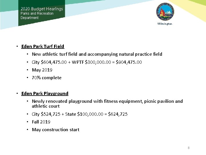 2020 Budget Hearings Parks and Recreation Department Wilmington • Eden Park Turf Field •